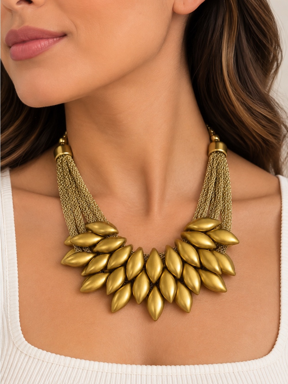Olive Gold Multi-Strand Petal Necklace